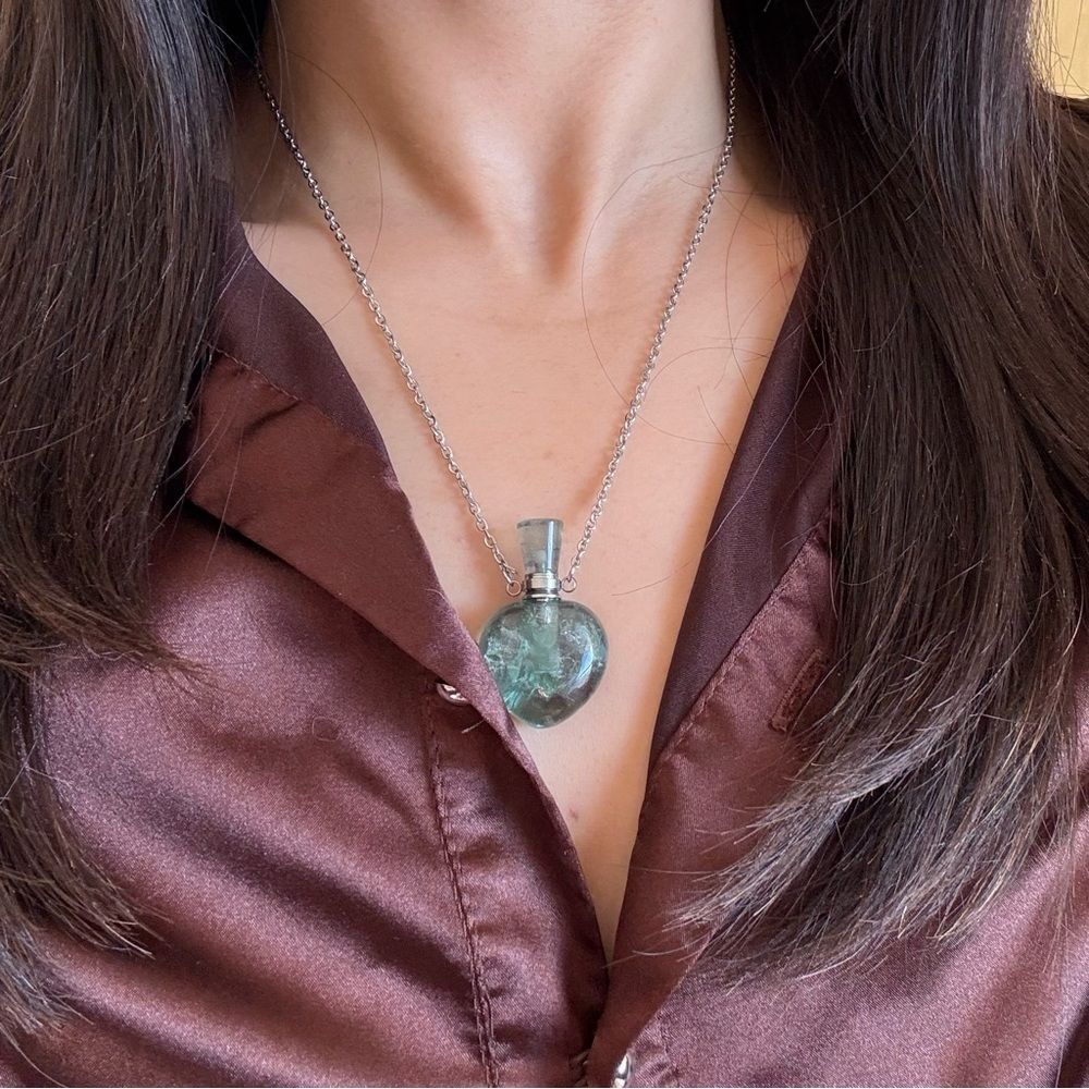 Heart fluorite perfume bottle necklace pendant purple silver necklace